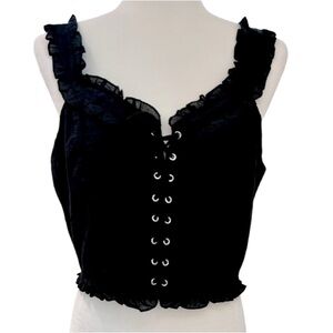 Black Flurty Top with string tie front, sleeveless, new with tags, Sz Large
